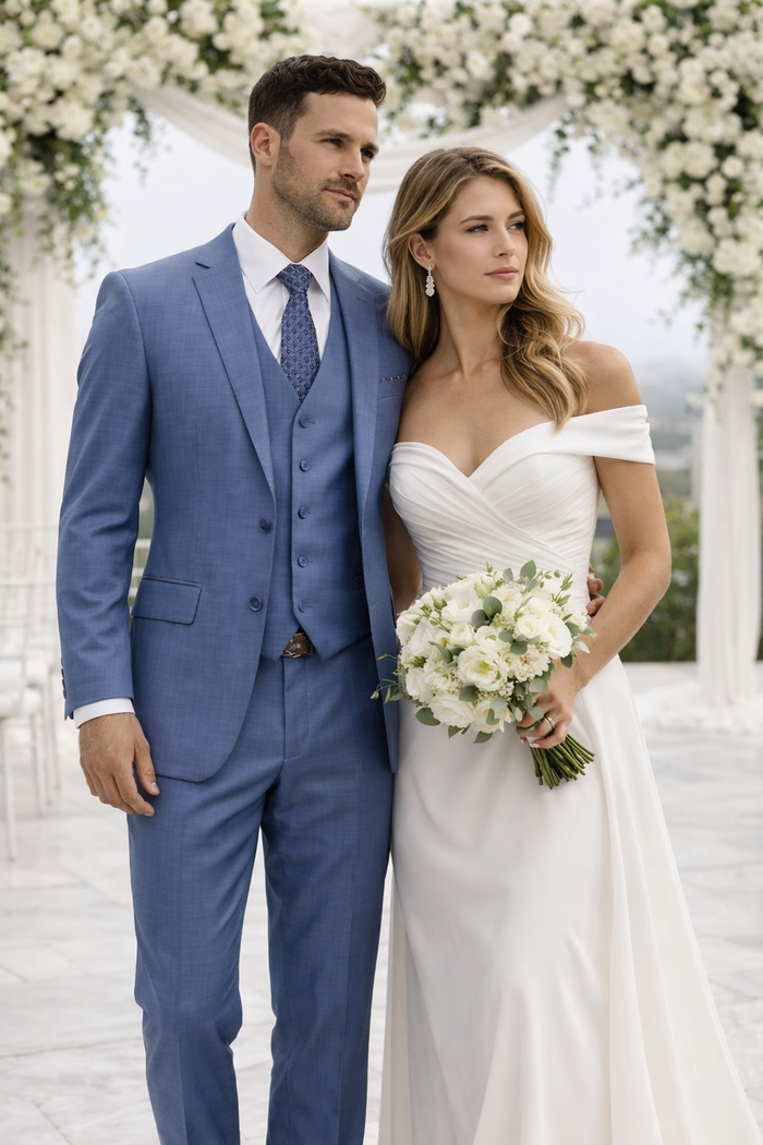 Men's Designer Modern Fit Vested Wool Sharkskin Suit in Steel Blue