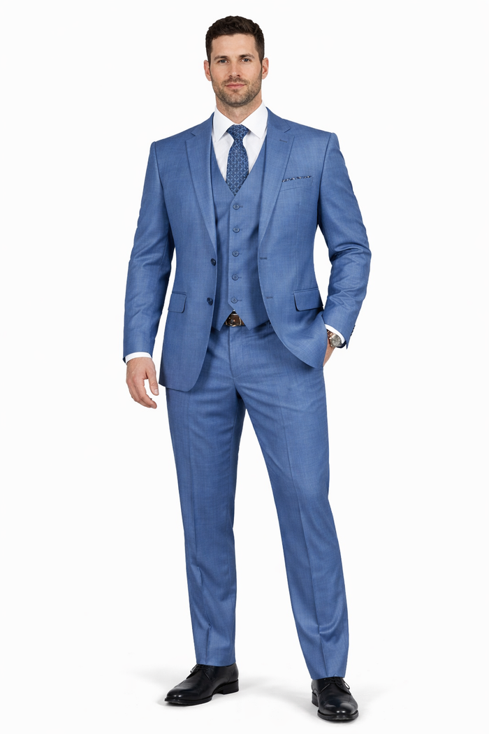 Men's Designer Modern Fit Vested Wool Sharkskin Suit in Steel Blue