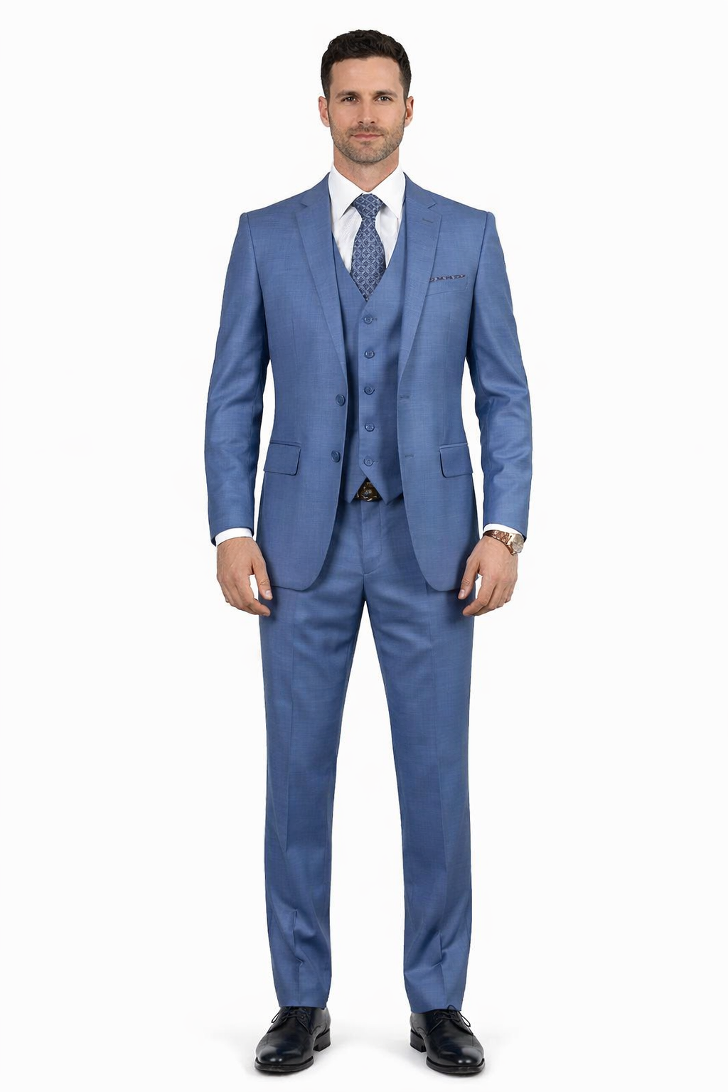 Men's Designer Modern Fit Vested Wool Sharkskin Suit in Steel Blue