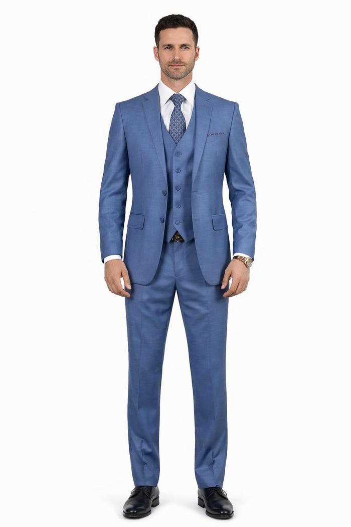 Men's Designer Modern Fit Vested Wool Sharkskin Suit in Steel Blue