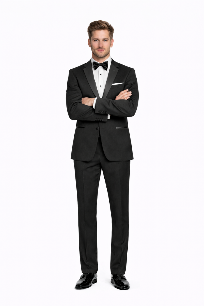 Mens Designer Slim Fit Two Button Wedding Tuxedo in Black