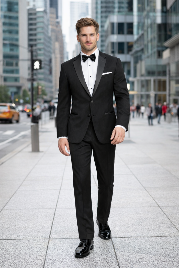 Mens Designer Slim Fit Two Button Wedding Tuxedo in Black