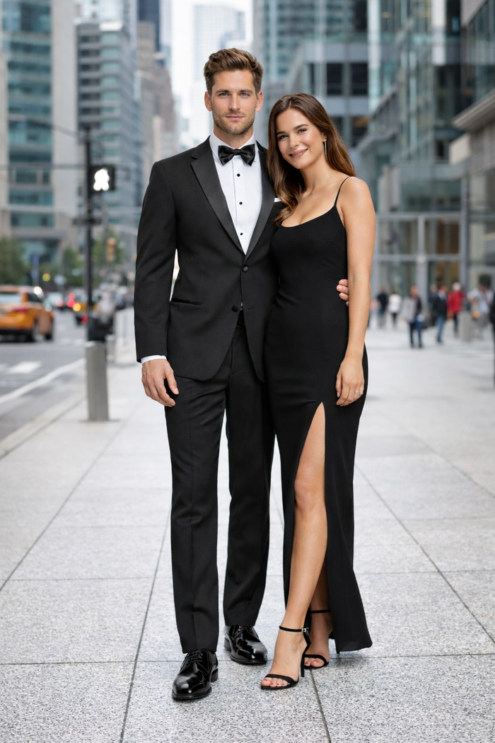 Mens Designer Slim Fit Two Button Wedding Tuxedo in Black