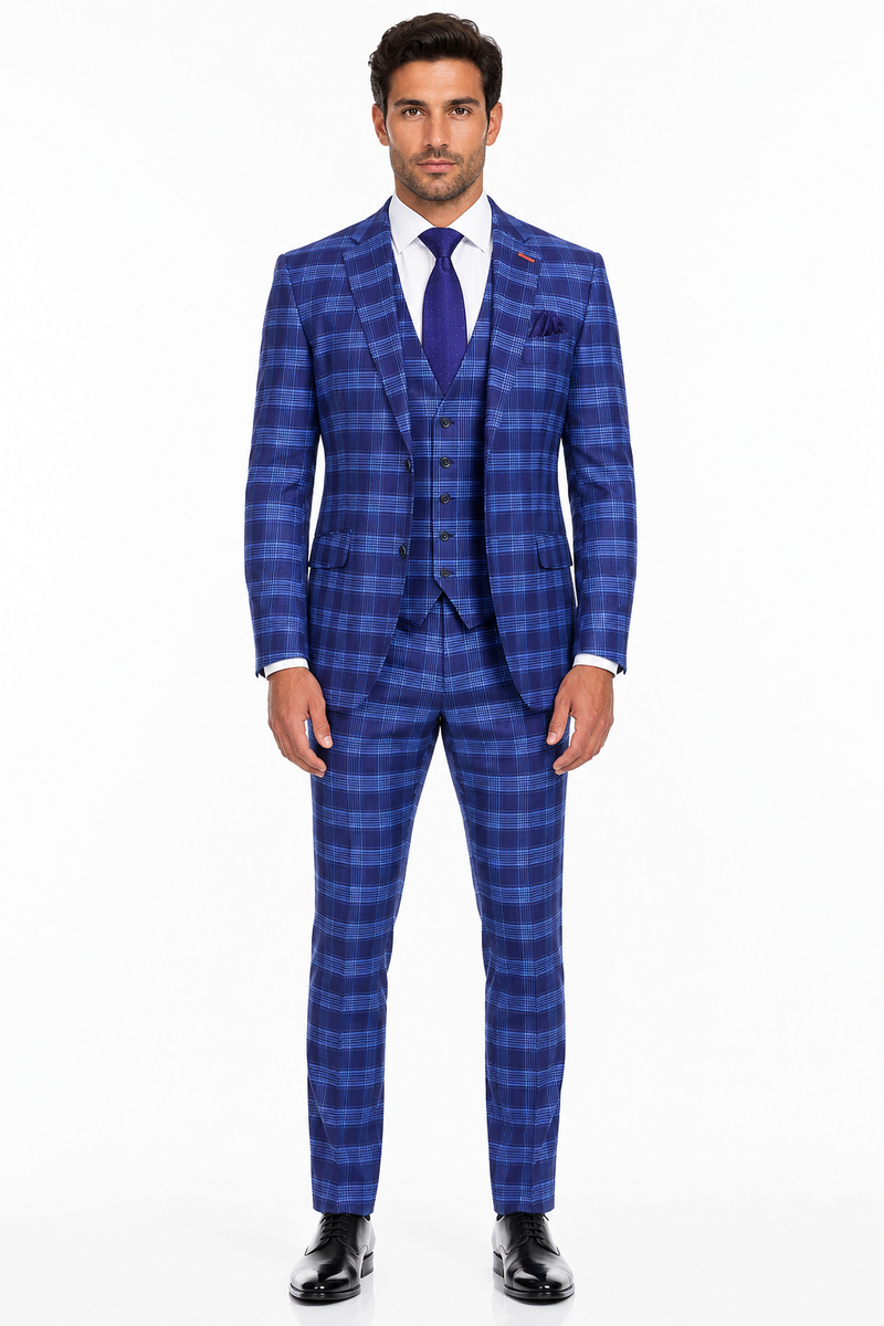 Men's Designer Two Button Modern Fit Vested Wool Suit in Indigo Blue Glen Plaid