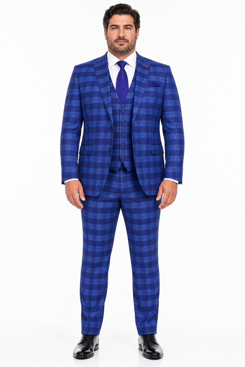Men's Designer Two Button Modern Fit Vested Wool Suit in Indigo Blue Glen Plaid