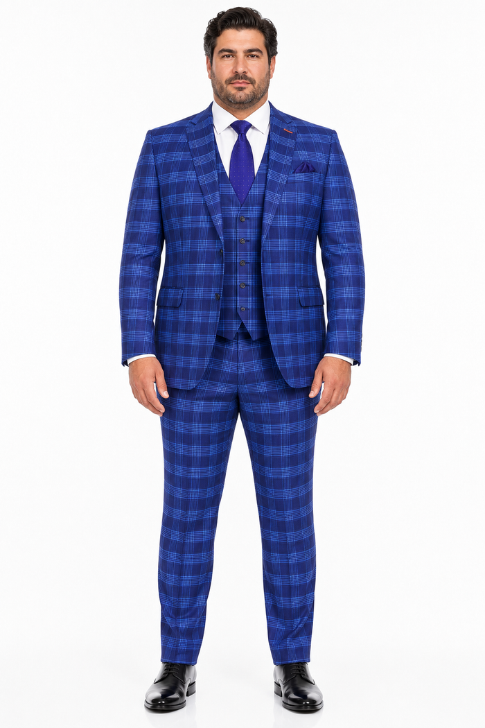 Men's Designer Two Button Modern Fit Vested Wool Suit in Indigo Blue Glen Plaid