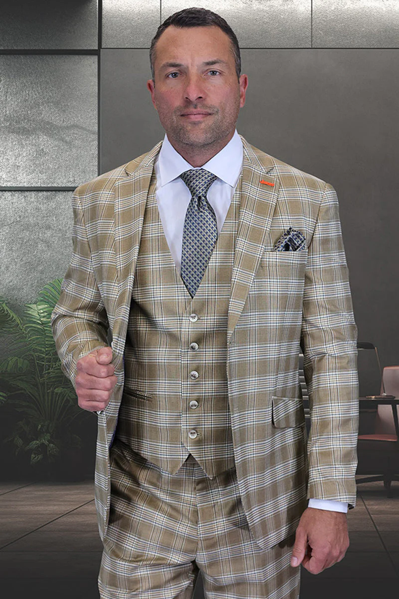 Men's modern fit wool suit in light beige with brown/white plaid. Includes matching blazer, trousers, and vest. Blazer: notched lapel, side pockets. Trousers: tailored fit. Comes with white dress shirt and patterned tie.
