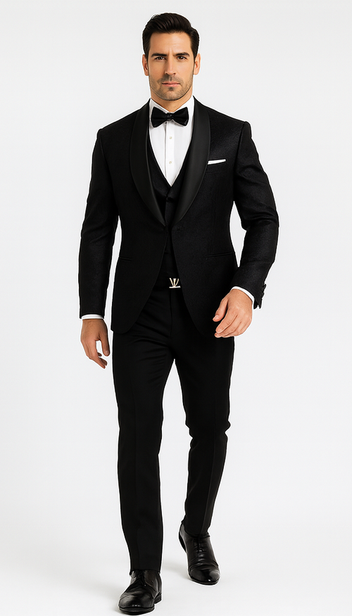 Stylish Black Floral Lace Men's Tuxedo with Vest – Ideal for Weddings & Events