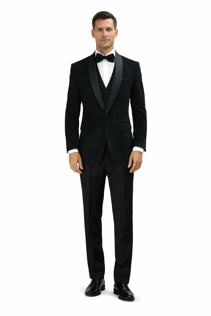 Men's Designer Vested Velvet Wedding & Prom Tuxed in Black