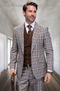 Tan houndstooth Marc Darcy wedding suit with wide peak lapels & a 6-button brown vest. Textured fabric blend. Matching tailored trousers complete the ensemble.