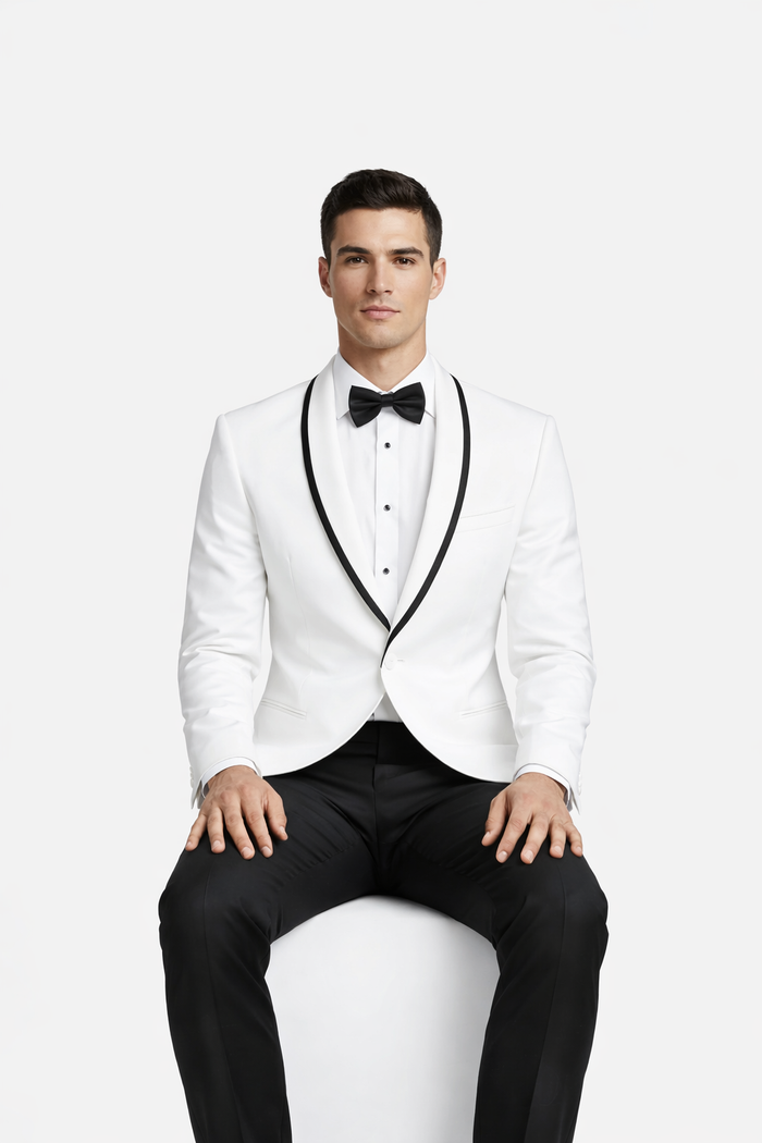 Mens Designer White & Black Trimmed Traditional Dinner Jacket Tuxedo