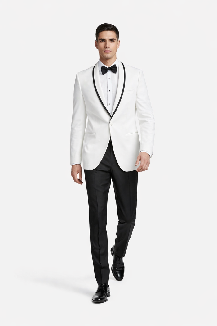 Mens Designer White & Black Trimmed Traditional Dinner Jacket Tuxedo