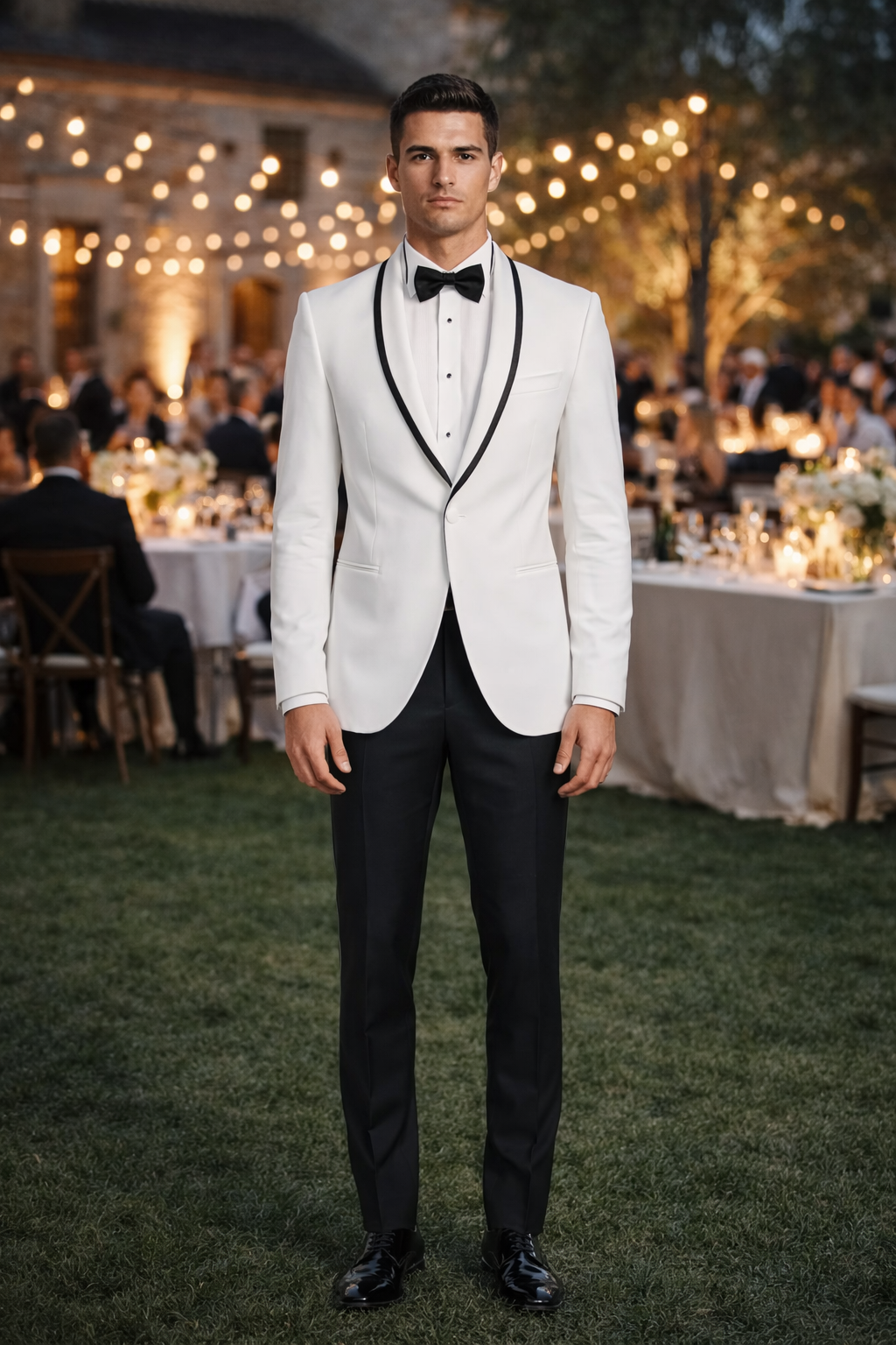 Mens Designer White & Black Trimmed Traditional Dinner Jacket Tuxedo