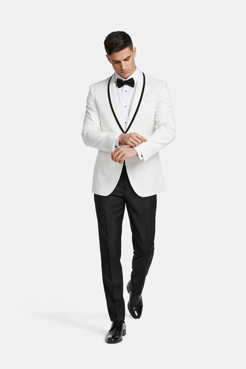 Mens Designer White & Black Trimmed Traditional Dinner Jacket Tuxedo