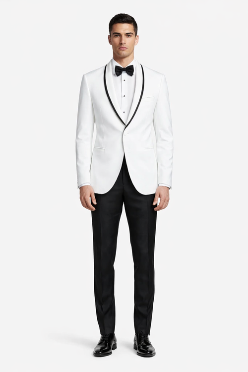 Mens Designer White & Black Trimmed Traditional Dinner Jacket Tuxedo