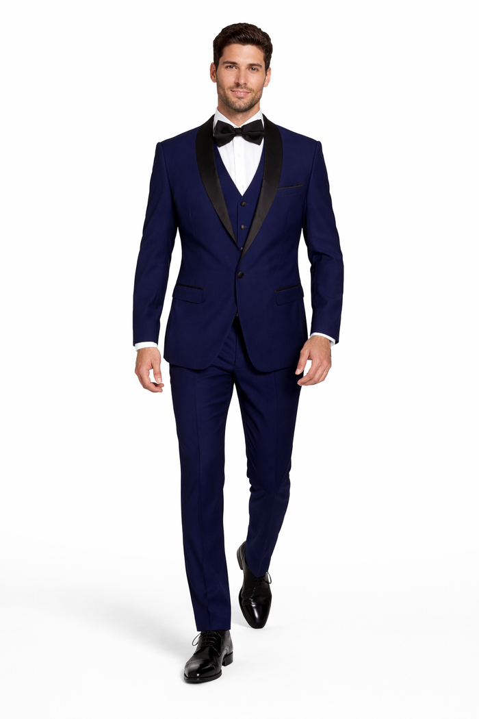Men's Designer Wool One Button Shawl Lapel Wedding Tuxedo in Sapphire Blue and Black