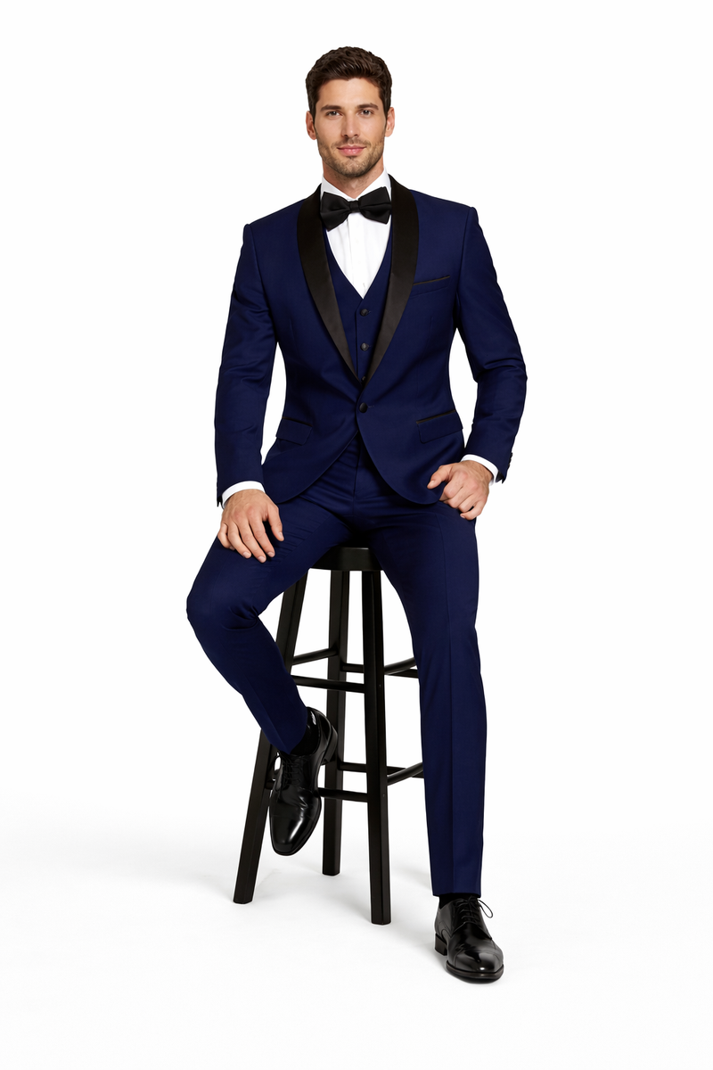 Men's Designer Wool One Button Shawl Lapel Wedding Tuxedo in Sapphire Blue and Black