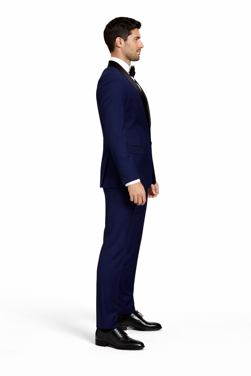Men's Designer Wool One Button Shawl Lapel Wedding Tuxedo in Sapphire Blue and Black