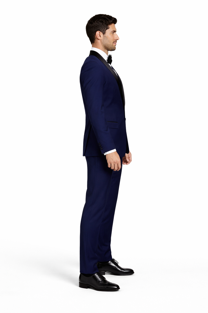 Men's Designer Wool One Button Shawl Lapel Wedding Tuxedo in Sapphire Blue and Black