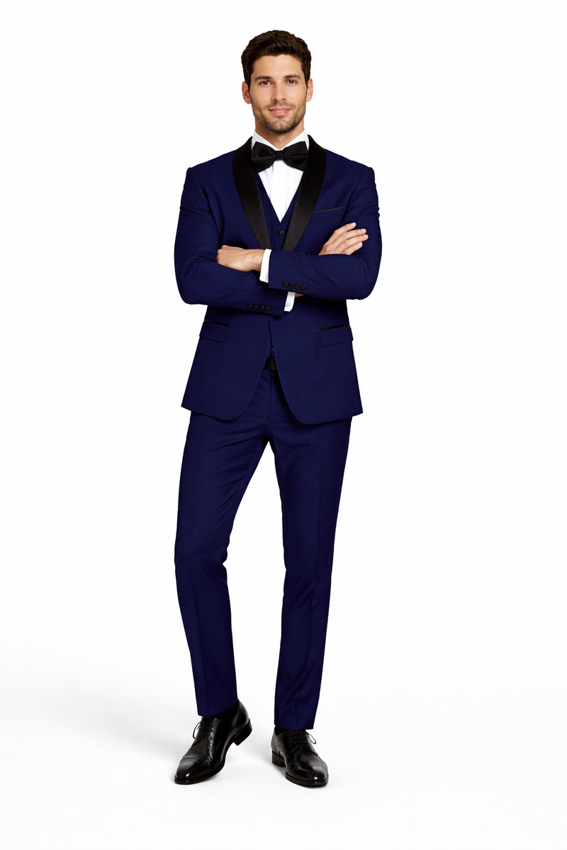 Men's Designer Wool One Button Shawl Lapel Wedding Tuxedo in Sapphire Blue and Black