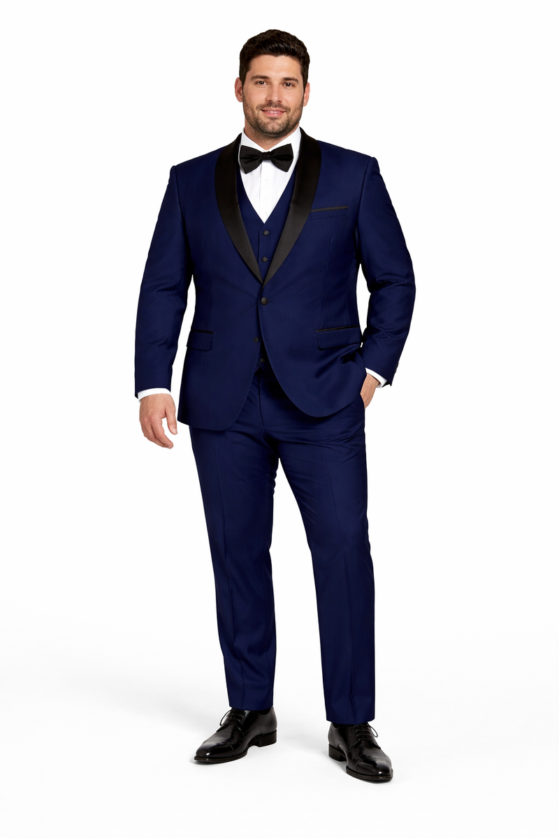 Men's Designer Wool One Button Shawl Lapel Wedding Tuxedo in Sapphire Blue and Black