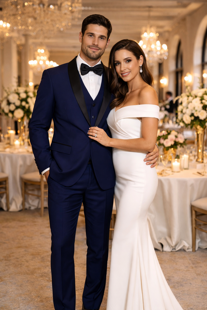 Men's Designer Wool One Button Shawl Lapel Wedding Tuxedo in Sapphire Blue and Black