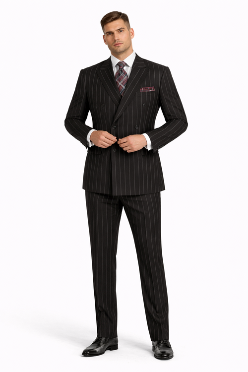 Mens Double Breasted 1920's Wide Bold Gangster Pinstripe Suit in Black