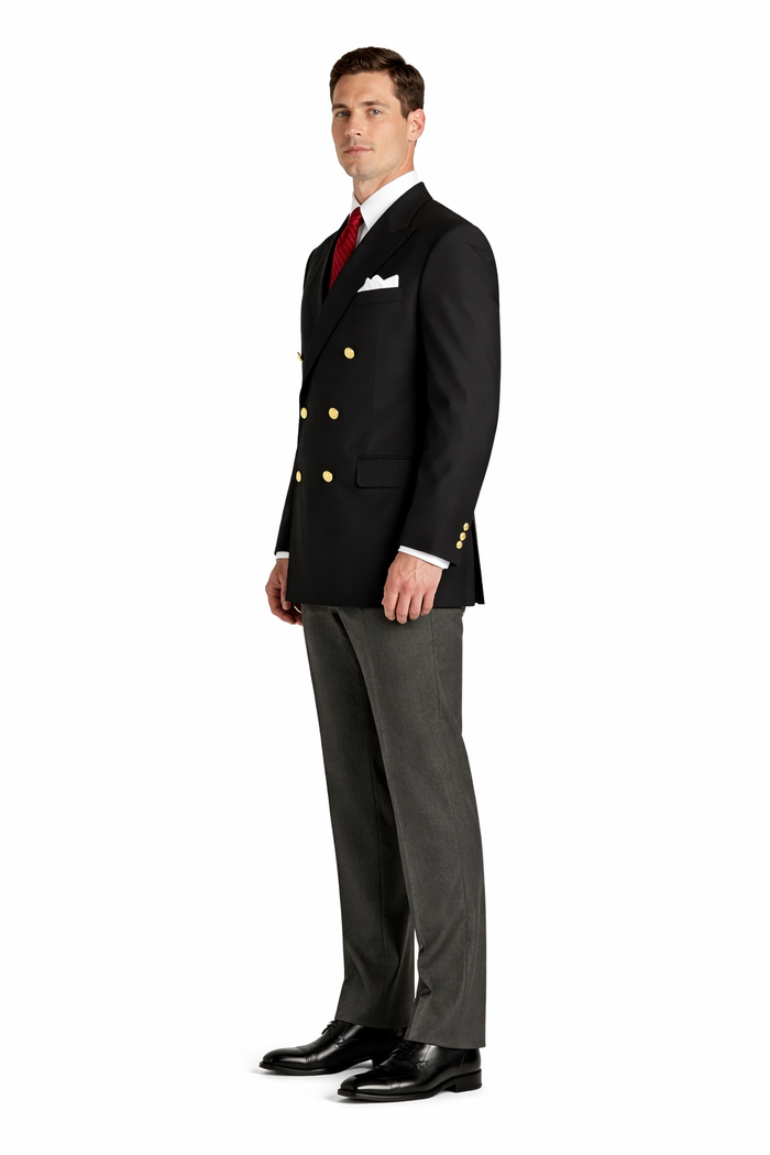 Mens Double Breasted  Blazer With Gold Buttons in Black or Navy in 100% Wool Fabric