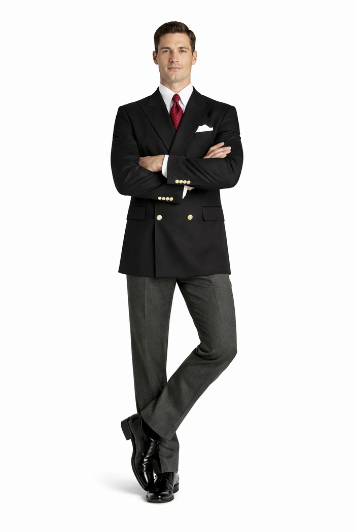 Mens Double Breasted  Blazer With Gold Buttons in Black or Navy in 100% Wool Fabric