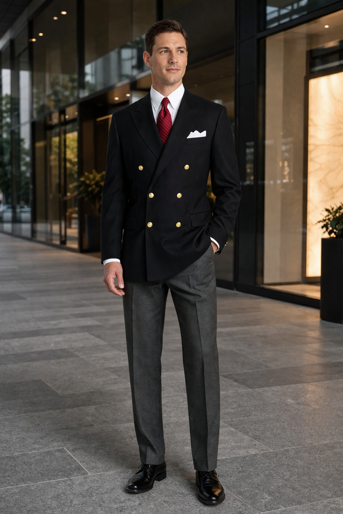 Mens Double Breasted  Blazer With Gold Buttons in Black or Navy in 100% Wool Fabric