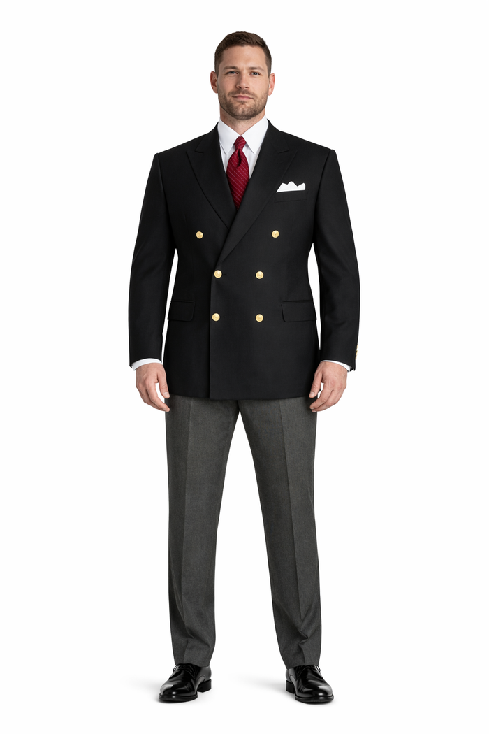 Mens Double Breasted  Blazer With Gold Buttons in Black or Navy in 100% Wool Fabric