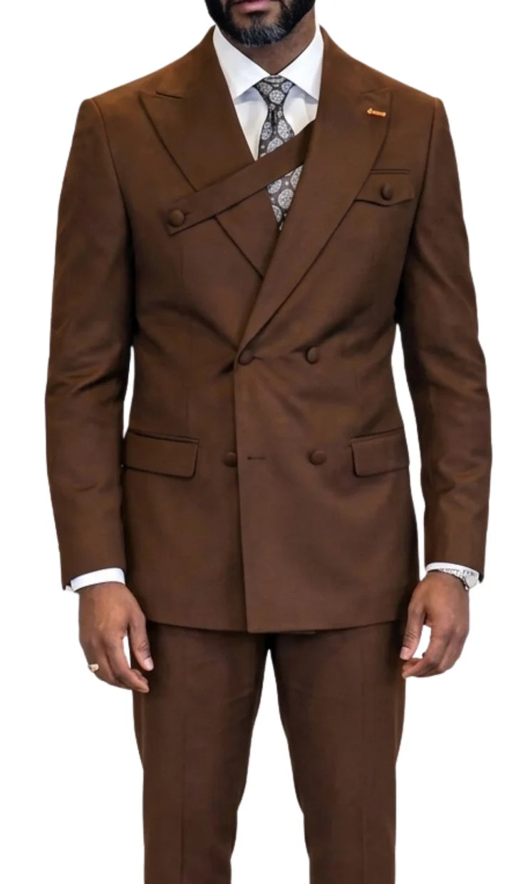 Mens Double-breasted diagonal fashion band crossing the chest architectural edge wide peak lapel solid in Copper By Statement Wool Fabric