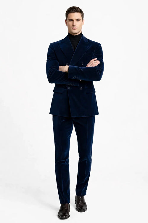 Mens Double Breasted Suits Slim Fitted - Velvet Suit - Winter Fabric Dark Royal Suit