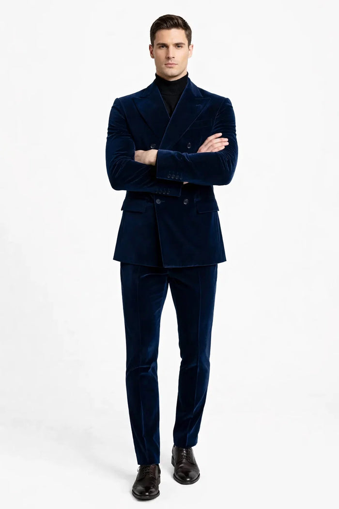 Mens Double Breasted Suits Slim Fitted - Velvet Suit - Winter Fabric Dark Royal Suit