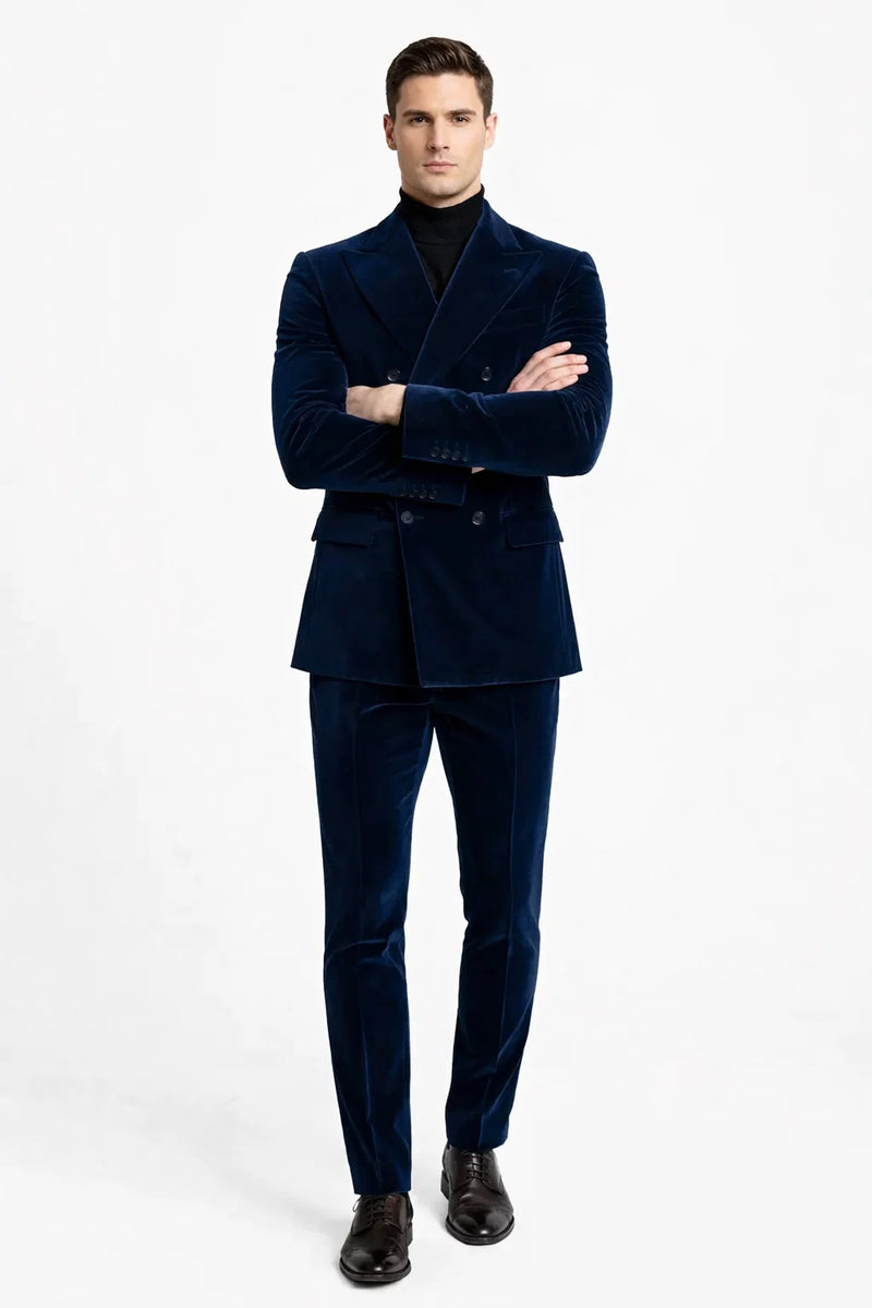 Mens Double Breasted Suits Slim Fitted - Velvet Suit - Winter Fabric Dark Royal Suit