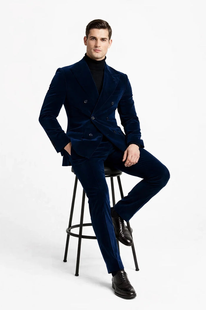 Mens Double Breasted Suits Slim Fitted - Velvet Suit - Winter Fabric Dark Royal Suit