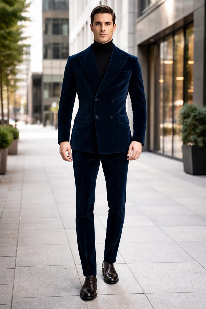 Mens Double Breasted Suits Slim Fitted - Velvet Suit - Winter Fabric Dark Royal Suit