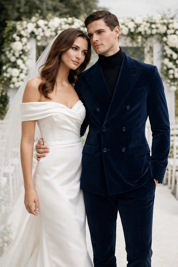 Mens Double Breasted Suits Slim Fitted - Velvet Suit - Winter Fabric Dark Royal Suit