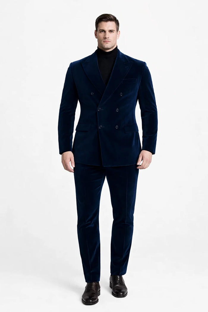 Mens Double Breasted Suits Slim Fitted - Velvet Suit - Winter Fabric Dark Royal Suit