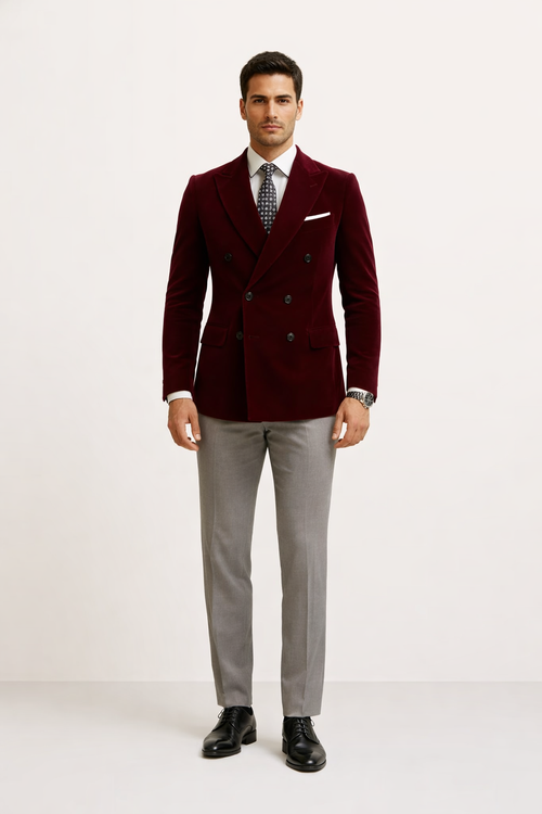 Mens Double Breasted Velvet Blazer - Burgundy blazer