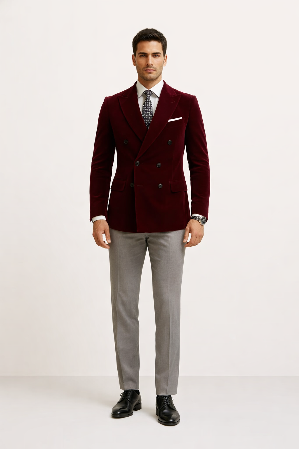 Mens Double Breasted Velvet Blazer - Burgundy blazer