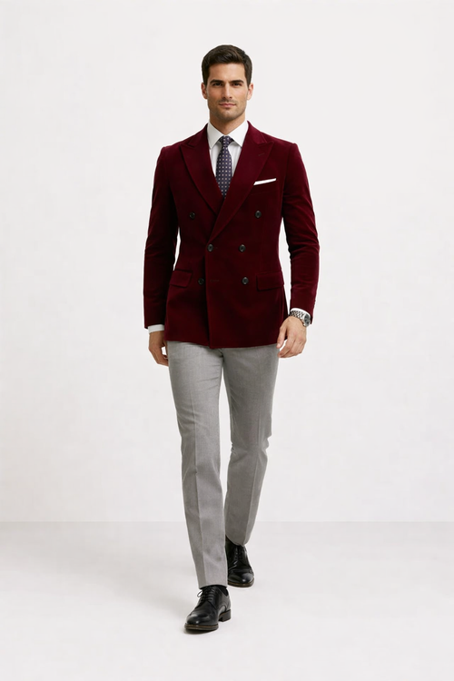 Mens Double Breasted Velvet Blazer - Burgundy blazer