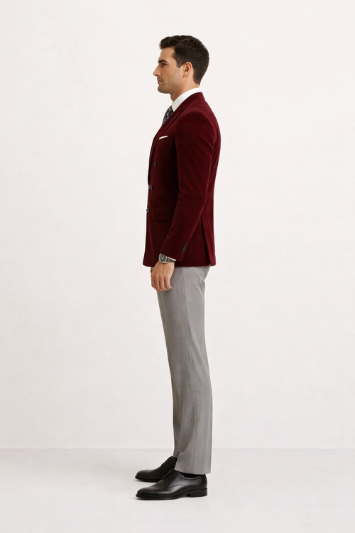 Mens Double Breasted Velvet Blazer - Burgundy blazer