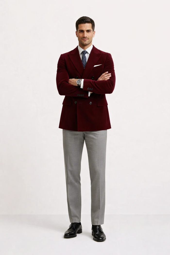 Mens Double Breasted Velvet Blazer - Burgundy blazer