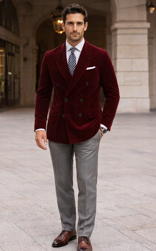 Mens Double Breasted Velvet Blazer - Burgundy blazer
