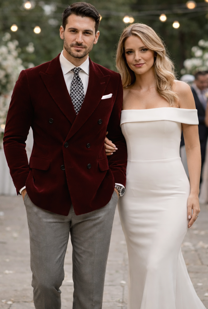 Mens Double Breasted Velvet Blazer - Burgundy blazer