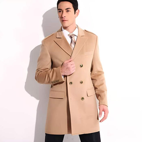 Mens Peacoat For Winter and Fall - Wool Fabric - Beige Coat