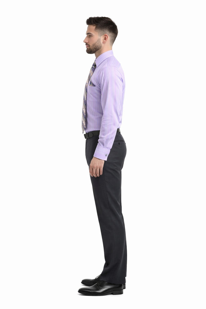 Lavender Men's French Cuff Dress Shirt Set with Tonal Stripe, Tie & Hanky