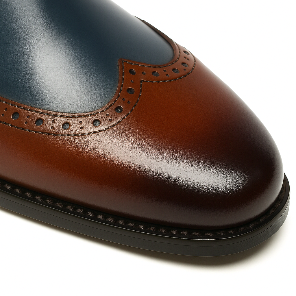 Mens Leather Wingtip Monk Strap Dress Shoe in Brown & Navy