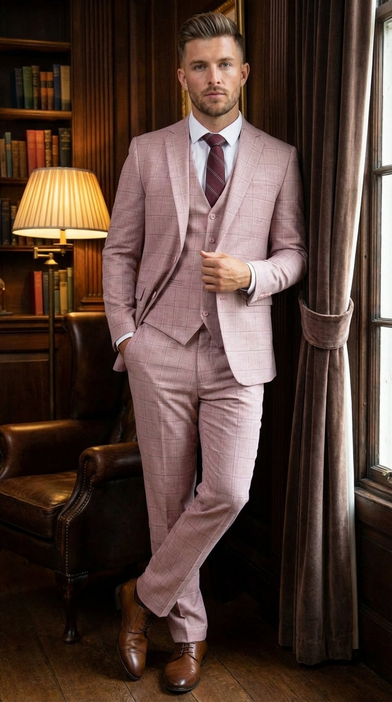 Mens Dusty Rose Three Piece Plaid Suit – Pink Check Wedding and Business Formal Suit Set Windowpane Pattern